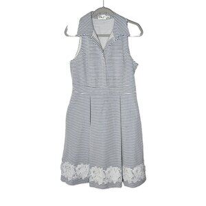 Eliza J Woman Size 10 Seersucker Fit & Flare Sleeveless Collared Dress Pleats